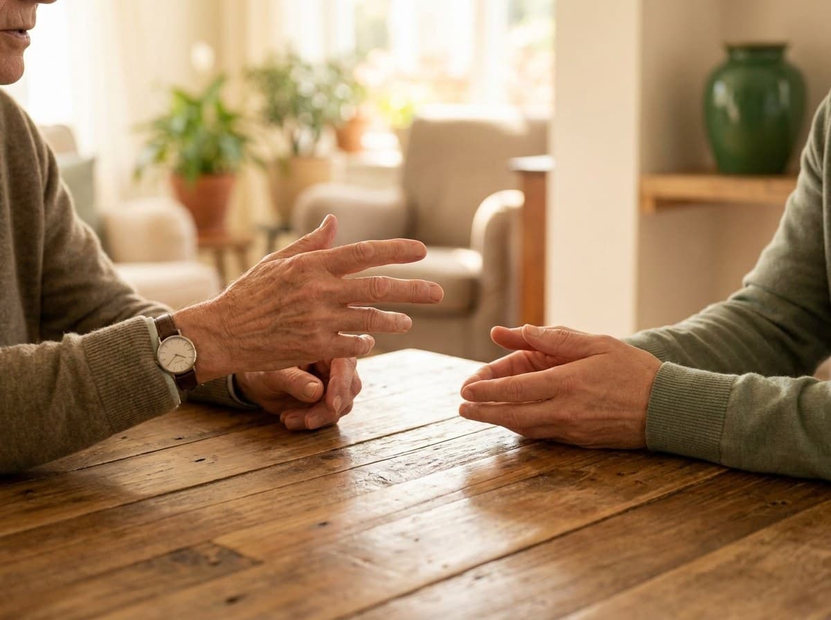 A physician explaining a treatment plan in conversation with a patient at a small wooden desk.