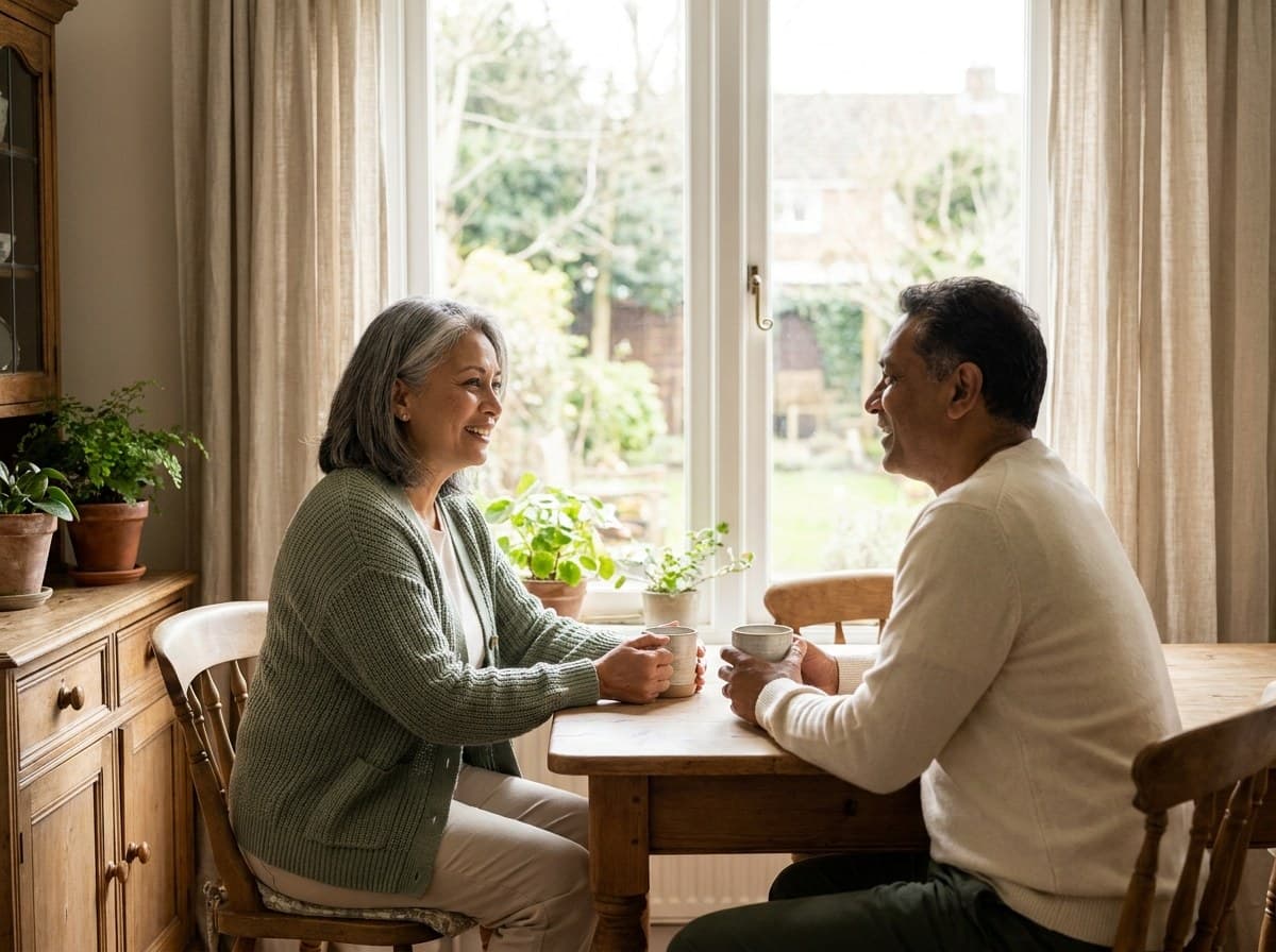 A mature couple sharing morning coffee at a sunlit kitchen table.