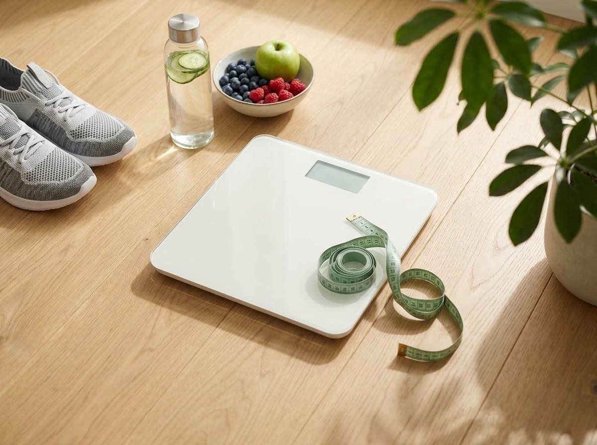 Bathroom scale, measuring tape, walking shoes, water and fruit on a sunlit floor